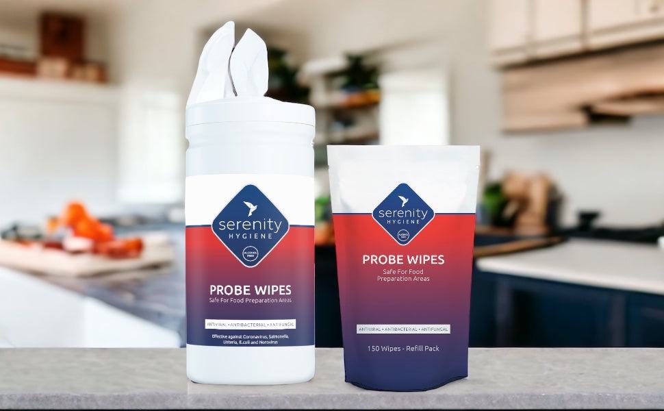 Large alcohol free kitchen probe wipes for sanitizing meat probes and surfaces in professional kitchens