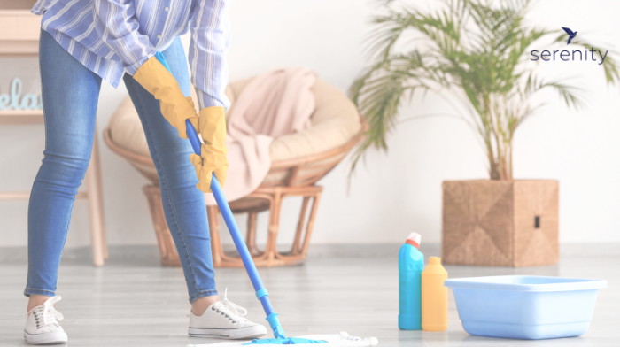 clean floor with cleaning supplies illustrating the importance of keeping floors hygienic to prevent germ spread and sickness