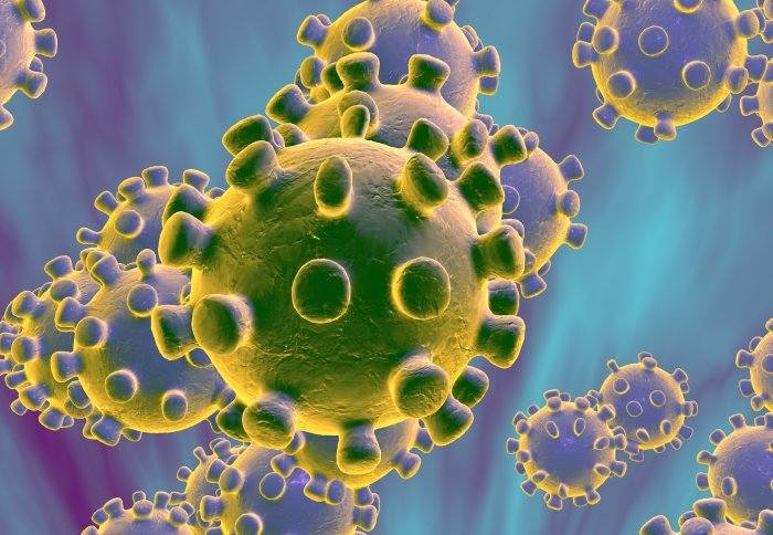 Microscopic view of Coronavirus outbreak causing respiratory illness with cough and fever symptoms