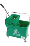 Colour coded heavy duty bucket with removable wringer, caution sign, and 20-litre capacity.