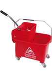 Colour coded heavy duty bucket with wringer, 20 litre capacity, red, ergonomic design, 'Caution wet floor' sign.