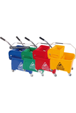 Colour coded heavy duty bucket with removable wringer and caution sign.