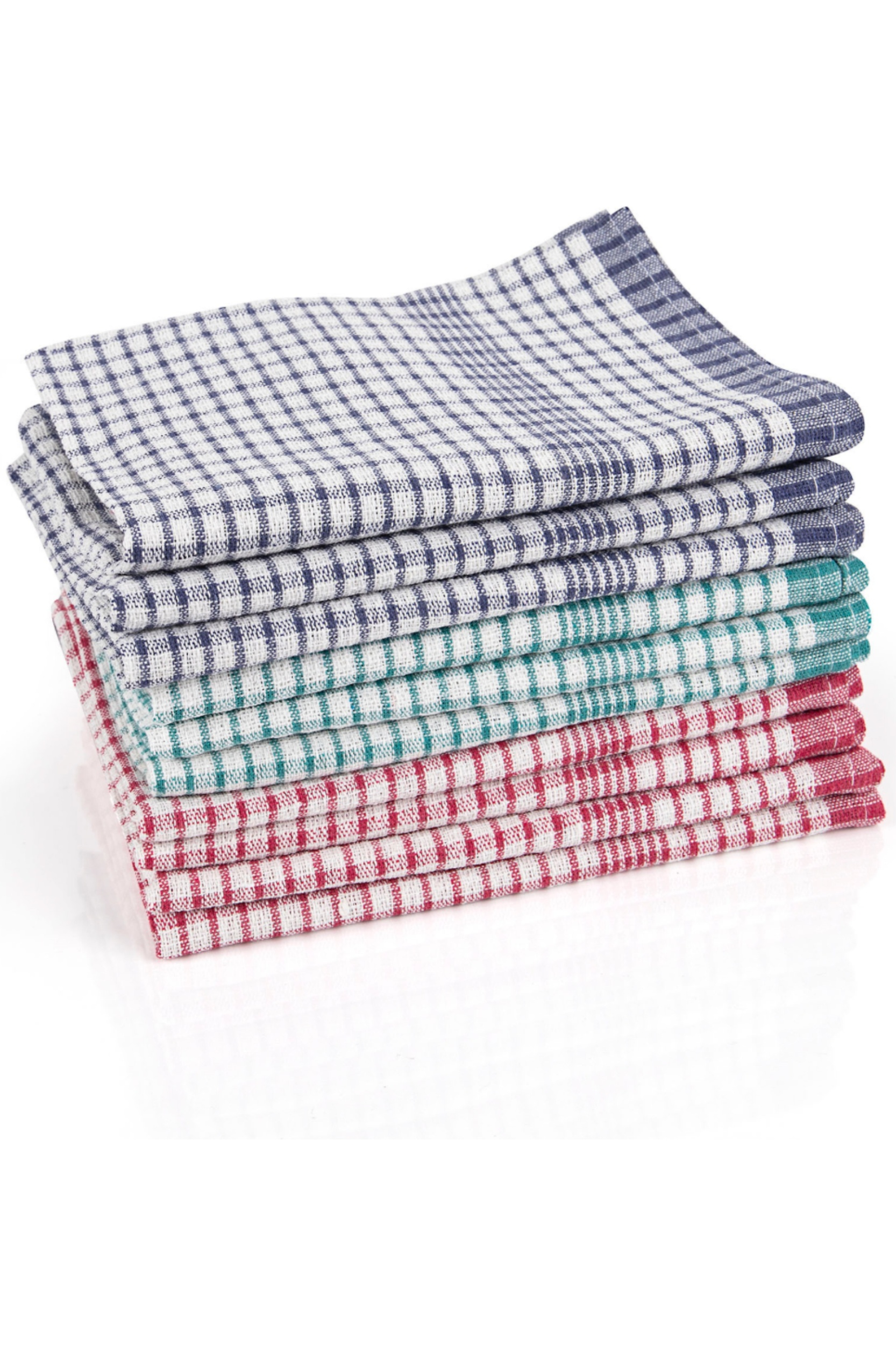 Pack of 10 assorted colour rice weave tea towels with decorative check pattern for catering use