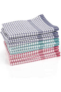 Pack of 10 assorted colour rice weave tea towels with decorative check pattern for catering use