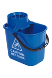 Colour coded heavy duty bucket with wringer, 15 litre, blue eco-friendly design, durable, with caution wet floor sign.