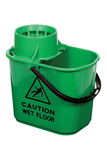 Colour coded heavy duty bucket with wringer, 15 litre capacity, green, made from 97% recycled plastic, with "Caution wet floor" printed on sides.