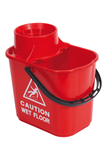 Red heavy duty mop wringer bucket with 'Caution wet floor' sign, 15 litre, recycled plastic, black handle.