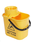 Yellow colour coded heavy duty bucket with wringer, 15 litre capacity, featuring 'Caution wet floor' sign.