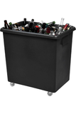 Large black bottle skip with four swivel castors, filled with glass bottles, ideal for bar use.