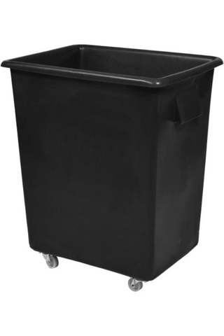 Black bottle skip with four swivel casters for easy movement.