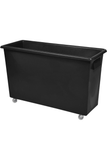 Large black bottle skip with swivel casters for easy mobility.