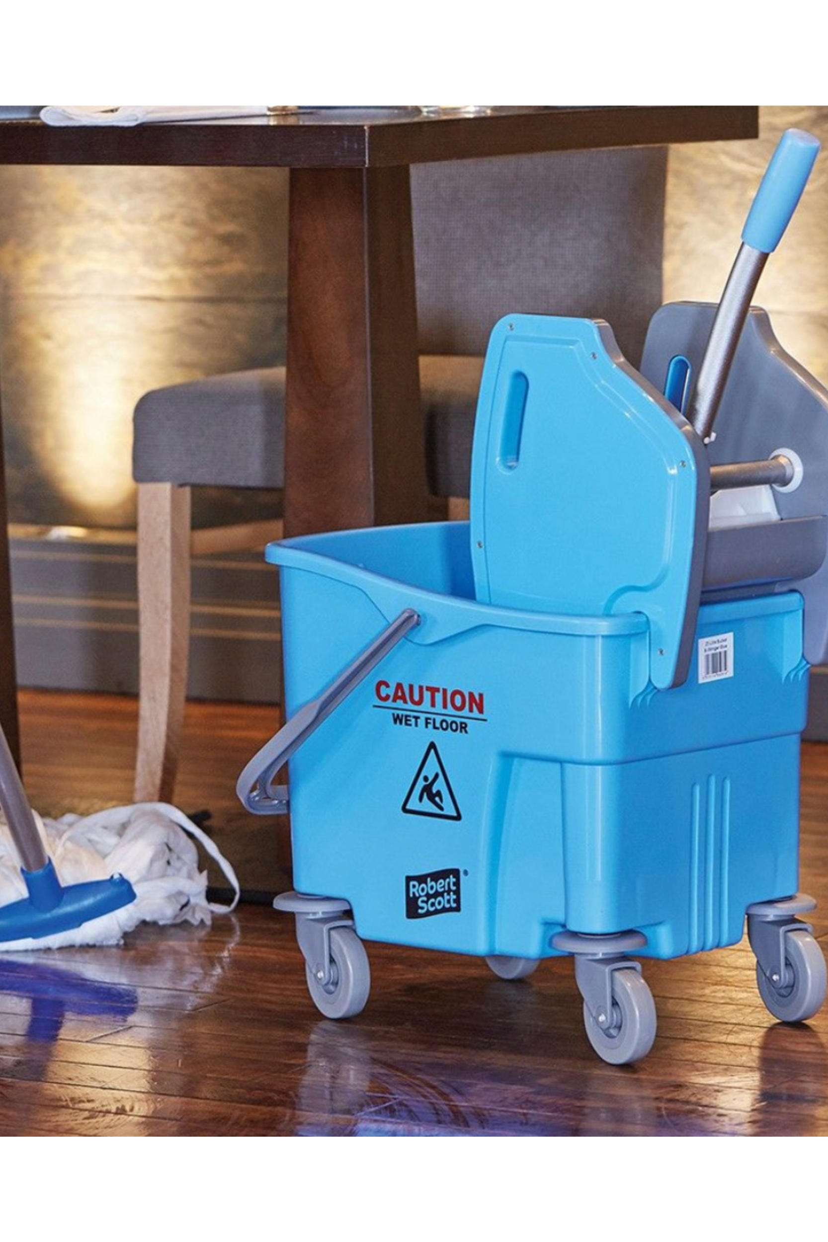 Buffalo Kentucky Bucket & Wringer 25 L with wheeled design, ergonomic handle, and caution sign for wet floors.