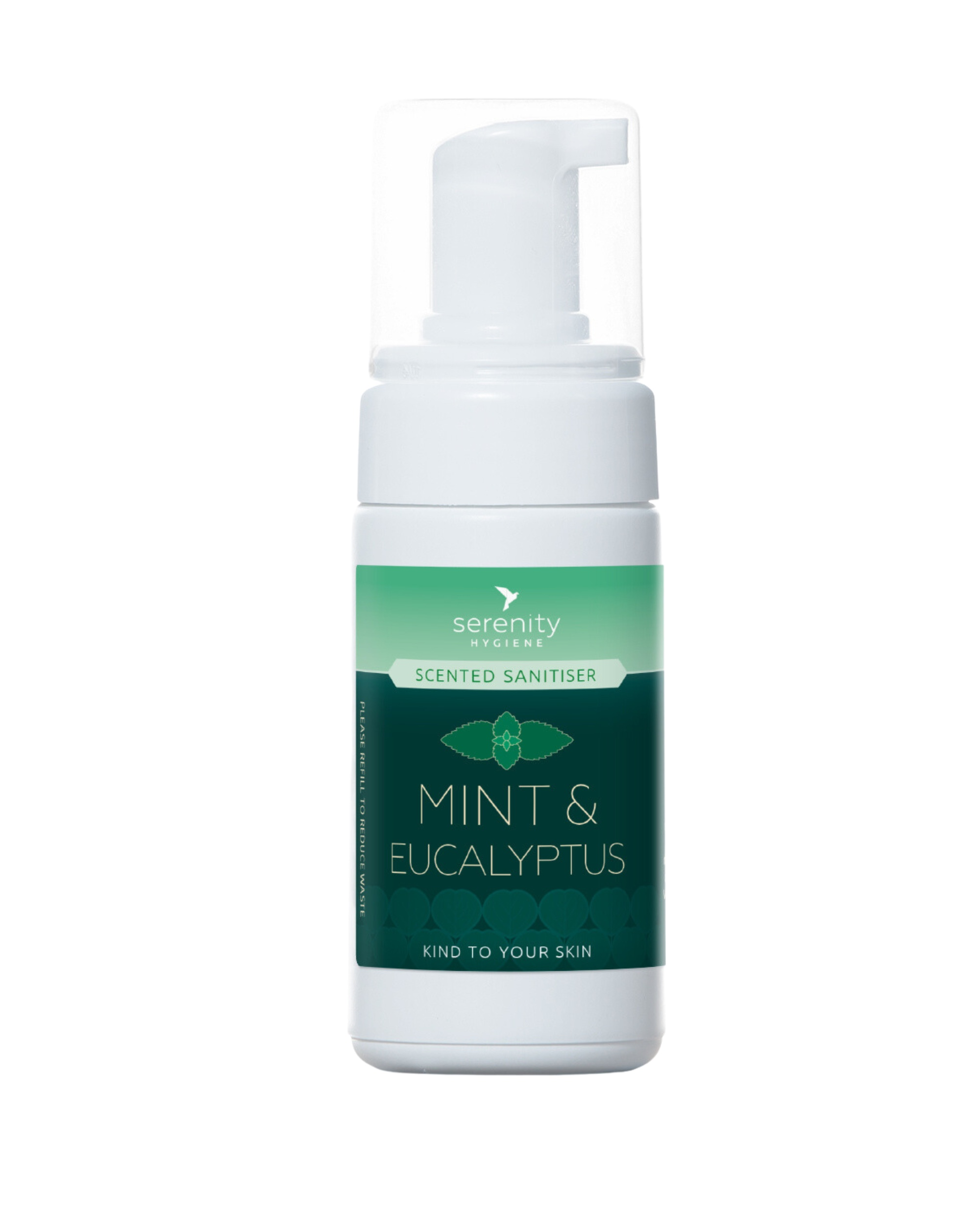 Mint and eucalyptus hand foam sanitiser bottle with scented label, effective alcohol-free cleaning.