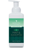 Mint and eucalyptus scented hand foam sanitiser bottle with pump dispenser, effective and hypoallergenic.