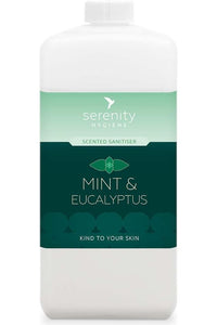 Mint and eucalyptus hand foam sanitiser bottle with Serenity Hygiene label.