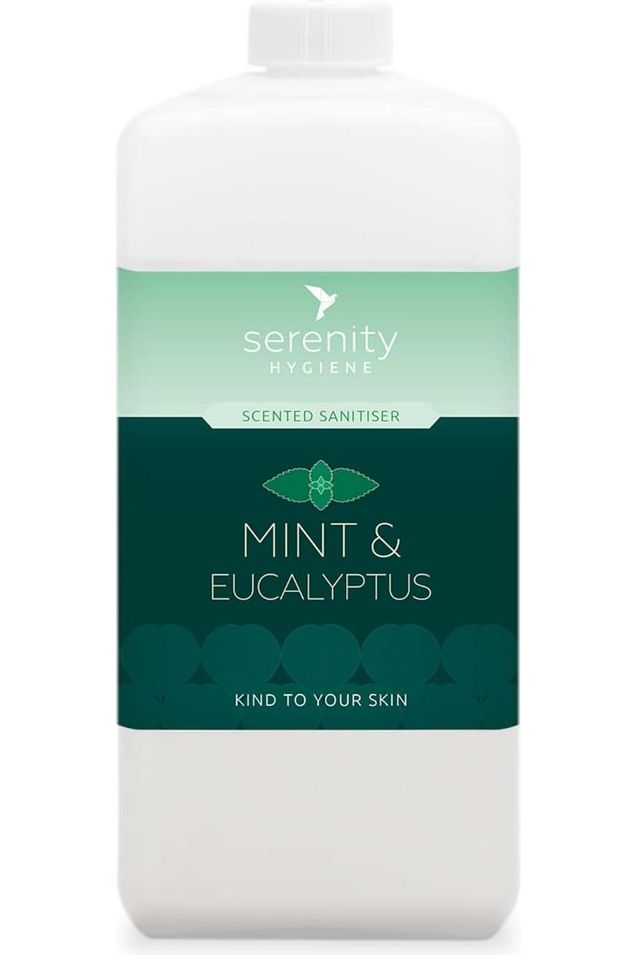 Mint and eucalyptus hand foam sanitiser bottle with Serenity Hygiene label.