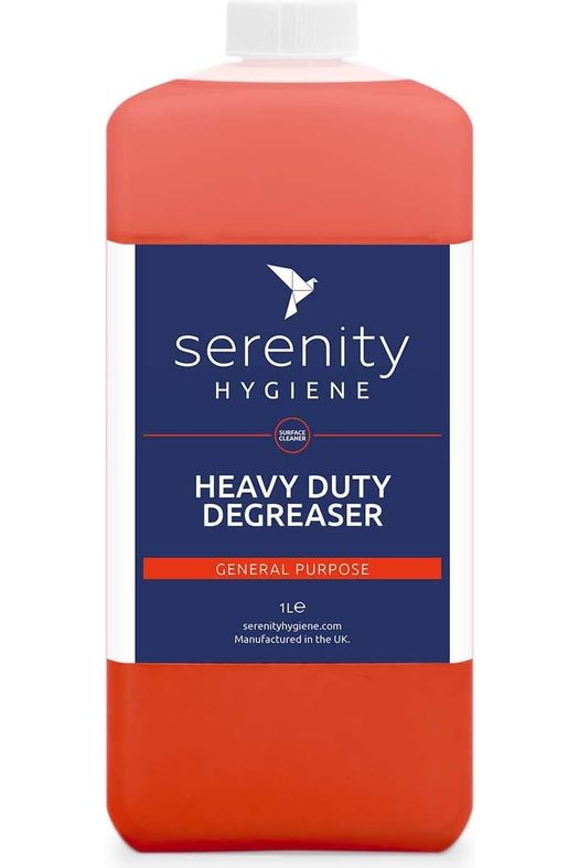 Heavy Duty Degreaser Concentrate bottle from Serenity Hygiene for deep cleaning kitchen appliances and surfaces.