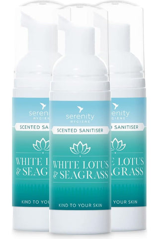 Seagrass Hand Foam Sanitiser with White Lotus fragrance in sleek packaging.