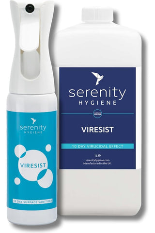 VIRESIST - 10 Day Protection Sanitiser Flairspray bottle and refill for long-lasting surface protection.