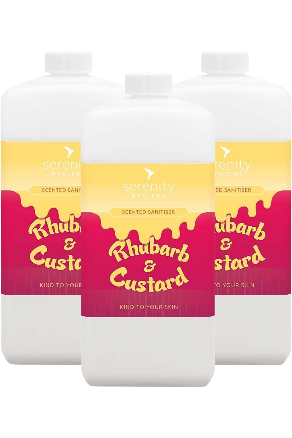 Rhubarb and Custard Hand Foam Sanitiser bottles with vibrant label design.