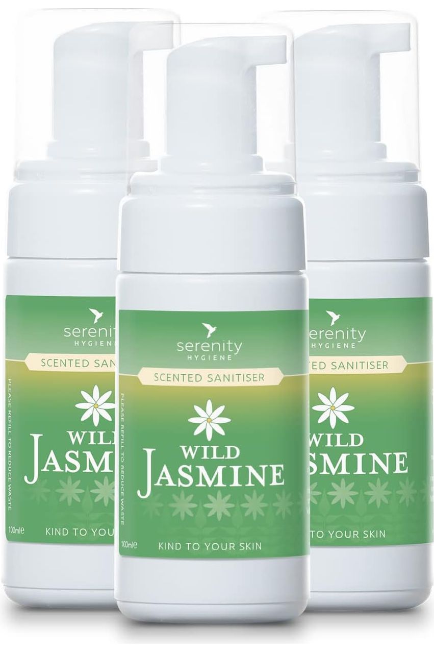 Wild Jasmine Hand Foam Sanitiser bottles with gentle jasmine fragrance and effective biocide.