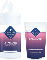 Antibacterial Surface Wipes tub and refill pack for cleaning and sanitizing.