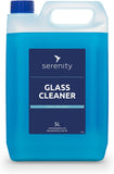 Glass & Mirror Cleaner bottle with blue liquid, 5L, labeled "Serenity Glass Cleaner - Streak Free Finish."