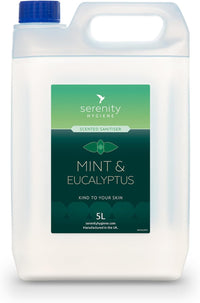 Mint and eucalyptus hand foam sanitiser in a 5L container, featuring a green label from Serenity Hygiene.