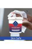 Serenity antimicrobial kitchen wipes tub in hands, labeled skin safe for food preparation areas.