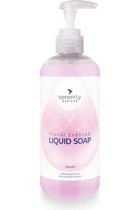 Pearlescent pink hygienic hand soap in pump bottle with floral scent.
