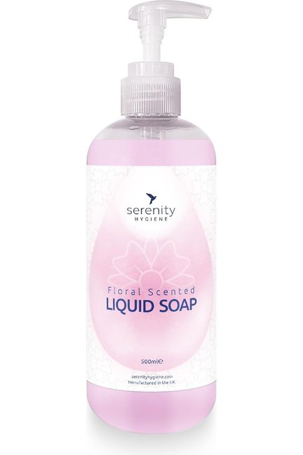 Pearlescent pink hygienic hand soap in pump bottle with floral scent.
