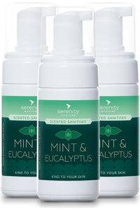 Mint and eucalyptus hand foam sanitiser with hypoallergenic formula, effective biocide, and pleasant fragrance.