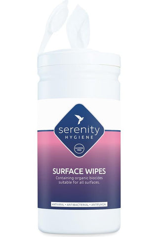 Tub of Serenity Hygiene antibacterial surface wipes, containing 150 wipes, effective against 99.9999% of bacteria and viruses.