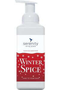 Winter Spice Hand Foam Sanitiser bottle with Serenity Hygiene branding, featuring a seasonal design and no alcohol formula.