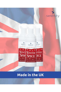 Winter Spice Hand Foam Sanitiser with UK flag background.