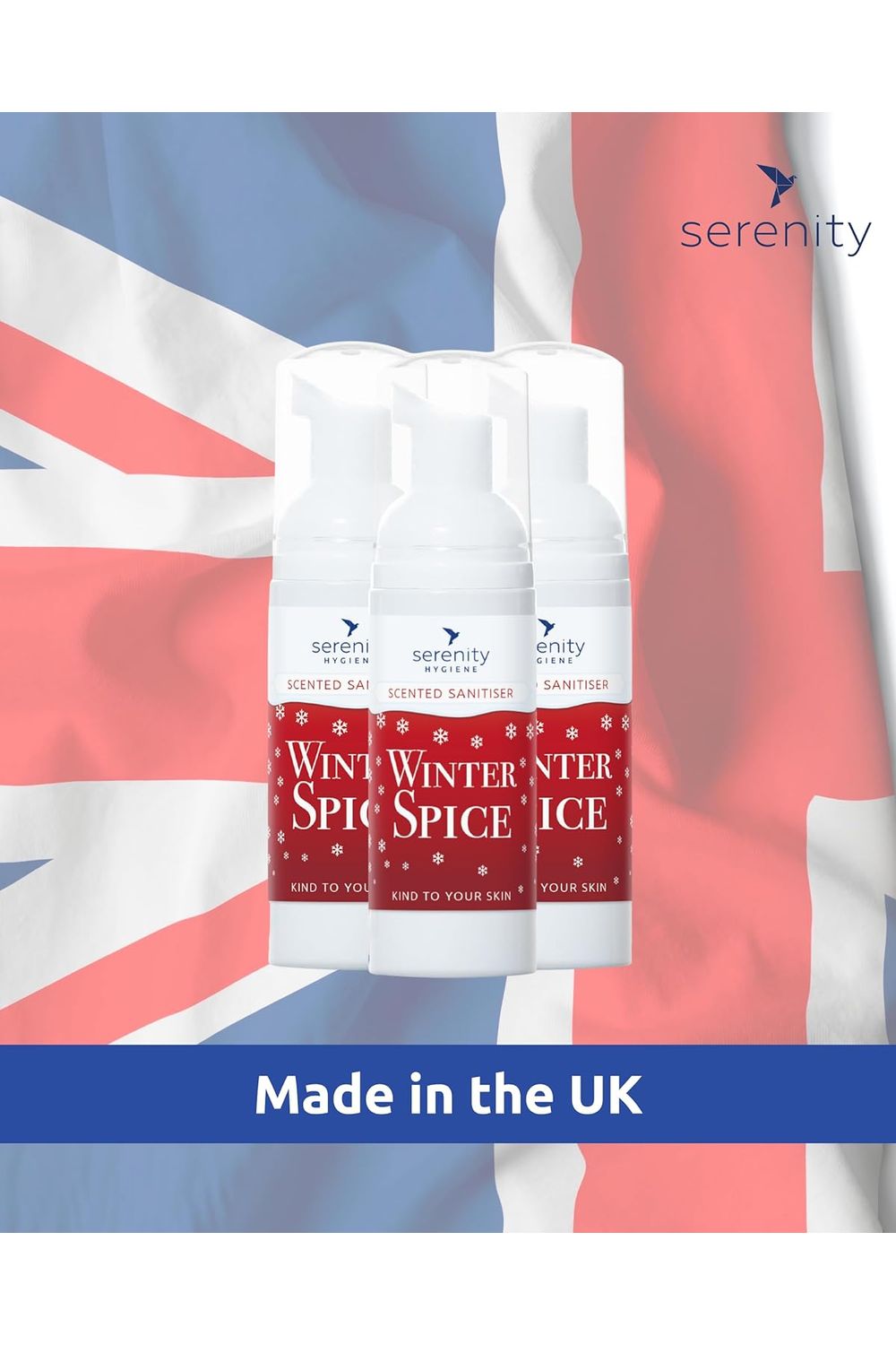 Winter Spice Hand Foam Sanitiser with UK flag background.