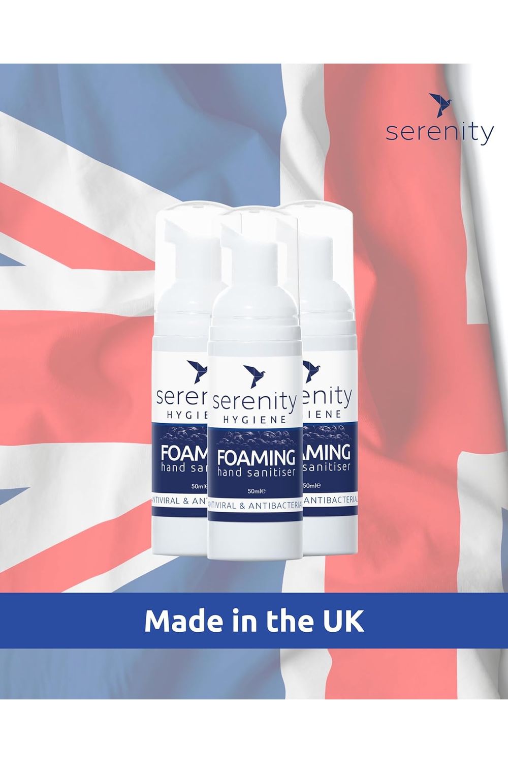 Unscented Hand Foam Sanitiser bottles in front of UK flag, made in the UK.