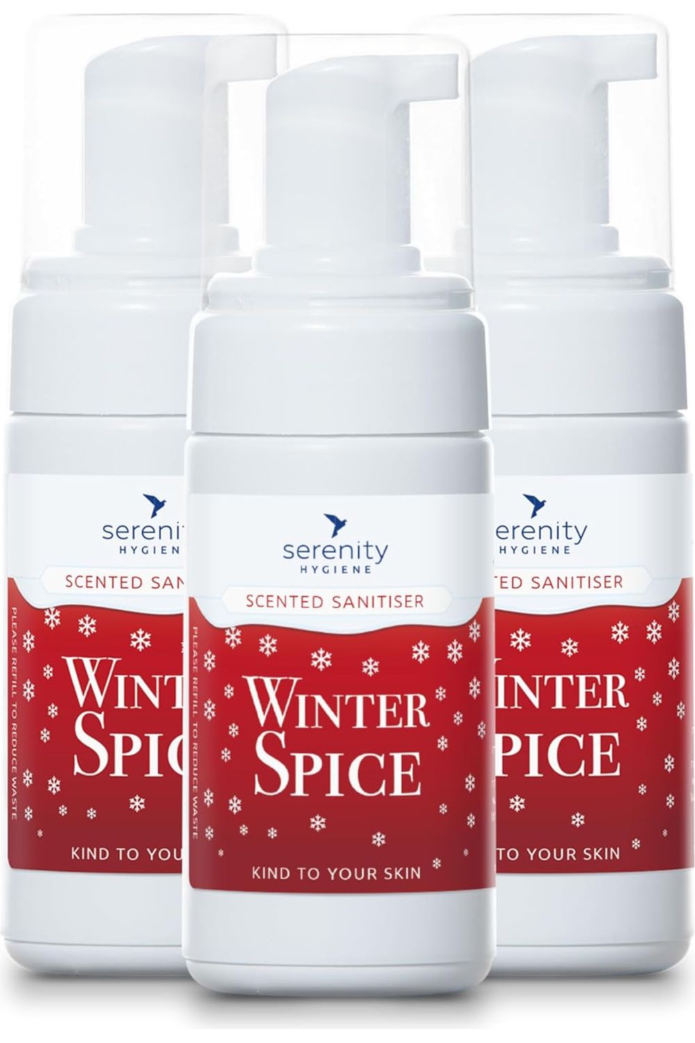 Winter Spice Hand Foam Sanitiser bottles with winter spice fragrance, germ protection, and hypoallergenic formula.