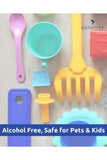 Colorful toys with text overlay "Alcohol Free, Safe for Pets & Kids" representing antibacterial surface wipes.