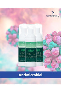 Mint and eucalyptus hand foam sanitiser by Serenity with antimicrobial properties, no alcohol, gentle on skin.