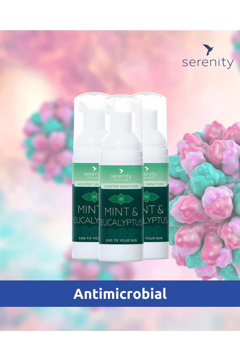 Mint and eucalyptus hand foam sanitiser by Serenity with antimicrobial properties, no alcohol, gentle on skin.