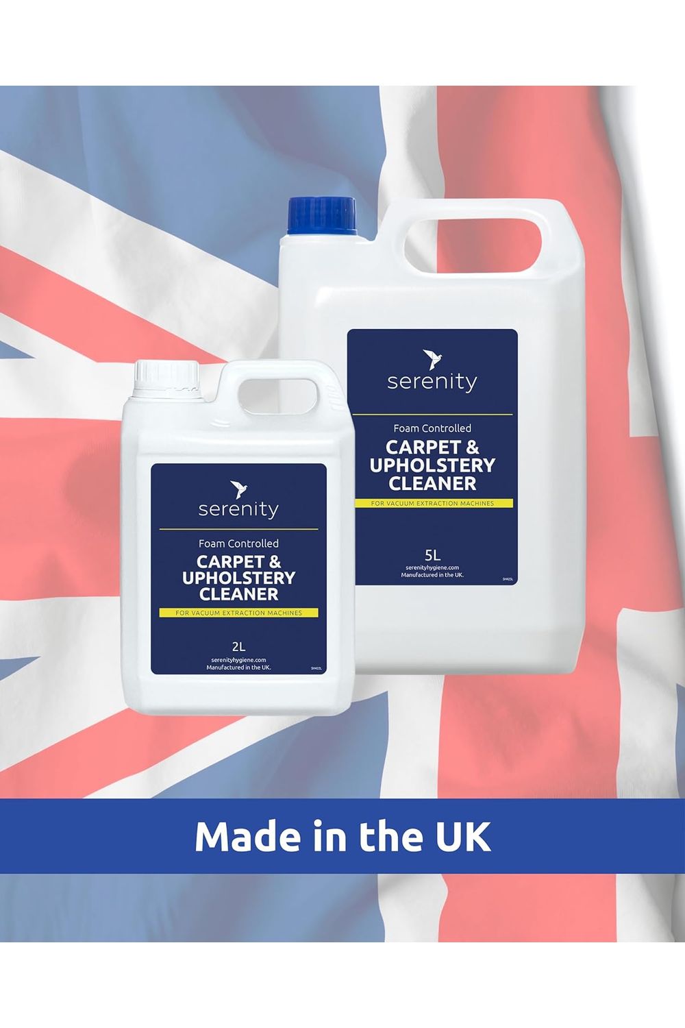 Carpet & Upholstery Cleaner bottles with UK flag background.