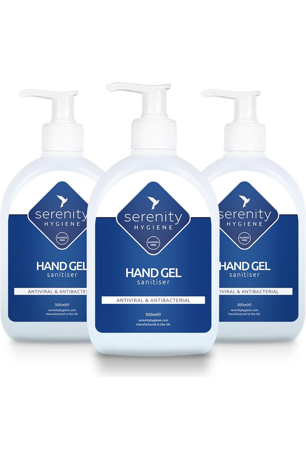 Three bottles of advanced antiviral/antibacterial hand gel sanitiser.