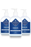 Three bottles of advanced antiviral/antibacterial hand gel sanitiser.