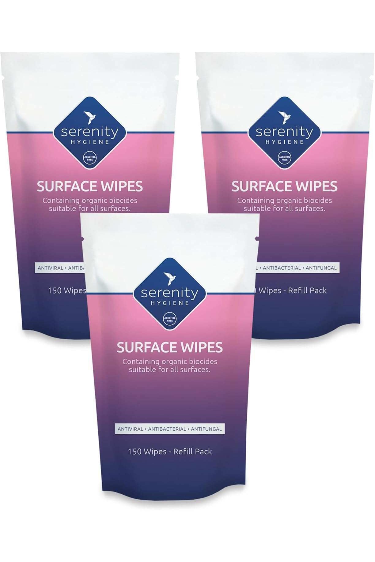 Antibacterial surface wipes with antiviral biocide, 150 count, cruelty-free, alcohol-free, ideal for schools and food areas.