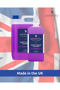 Antibacterial floor cleaner concentrate in purple bottles with UK flag background.