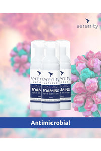 Unscented hand foam sanitiser bottles with antimicrobial label.