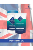 Serenity Hygiene Antimicrobial Patient Wipes made in the UK with a British flag background.