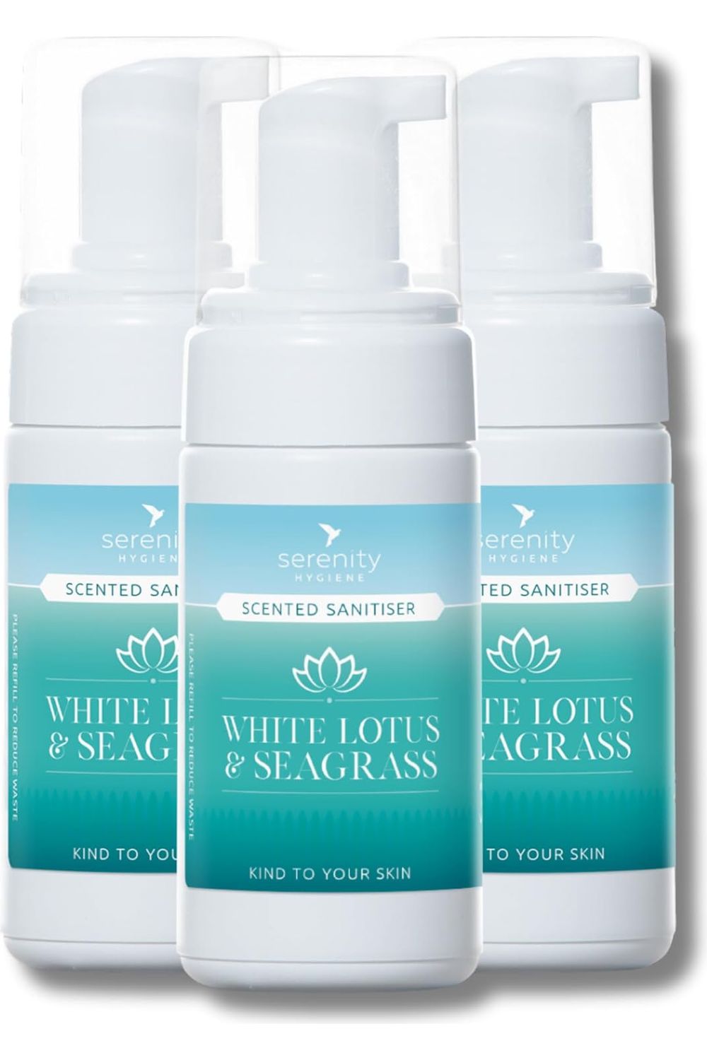 White Lotus and Seagrass Hand Foam Sanitiser bottles with a gentle, hypoallergenic formula.