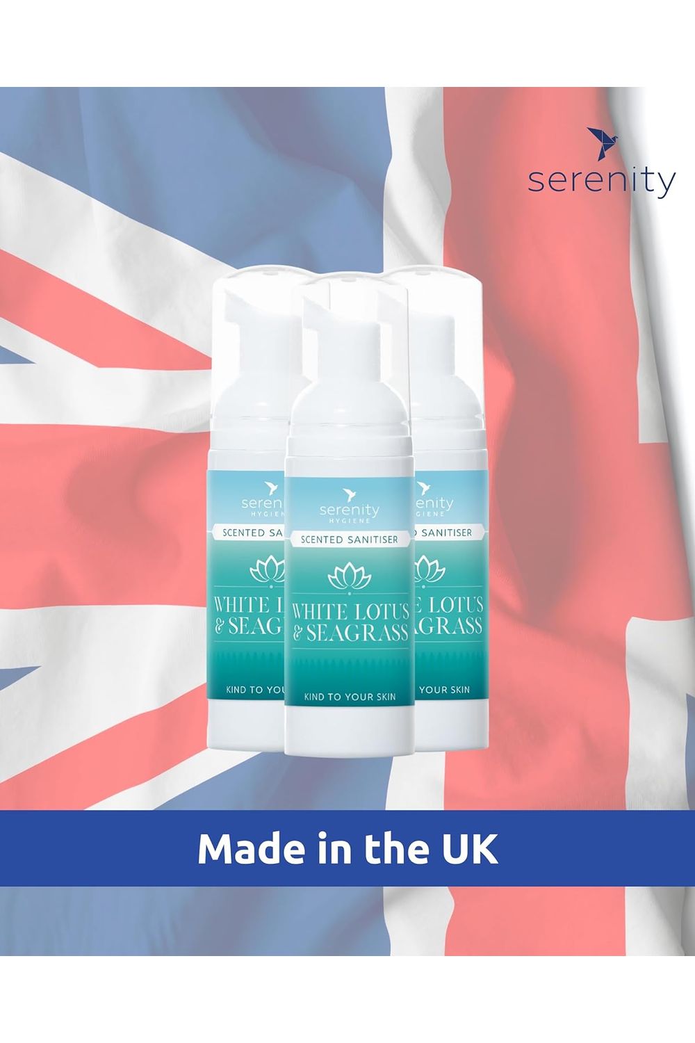 Seagrass Hand Foam Sanitiser with White Lotus fragrance, effective and hypoallergenic, Made in the UK.